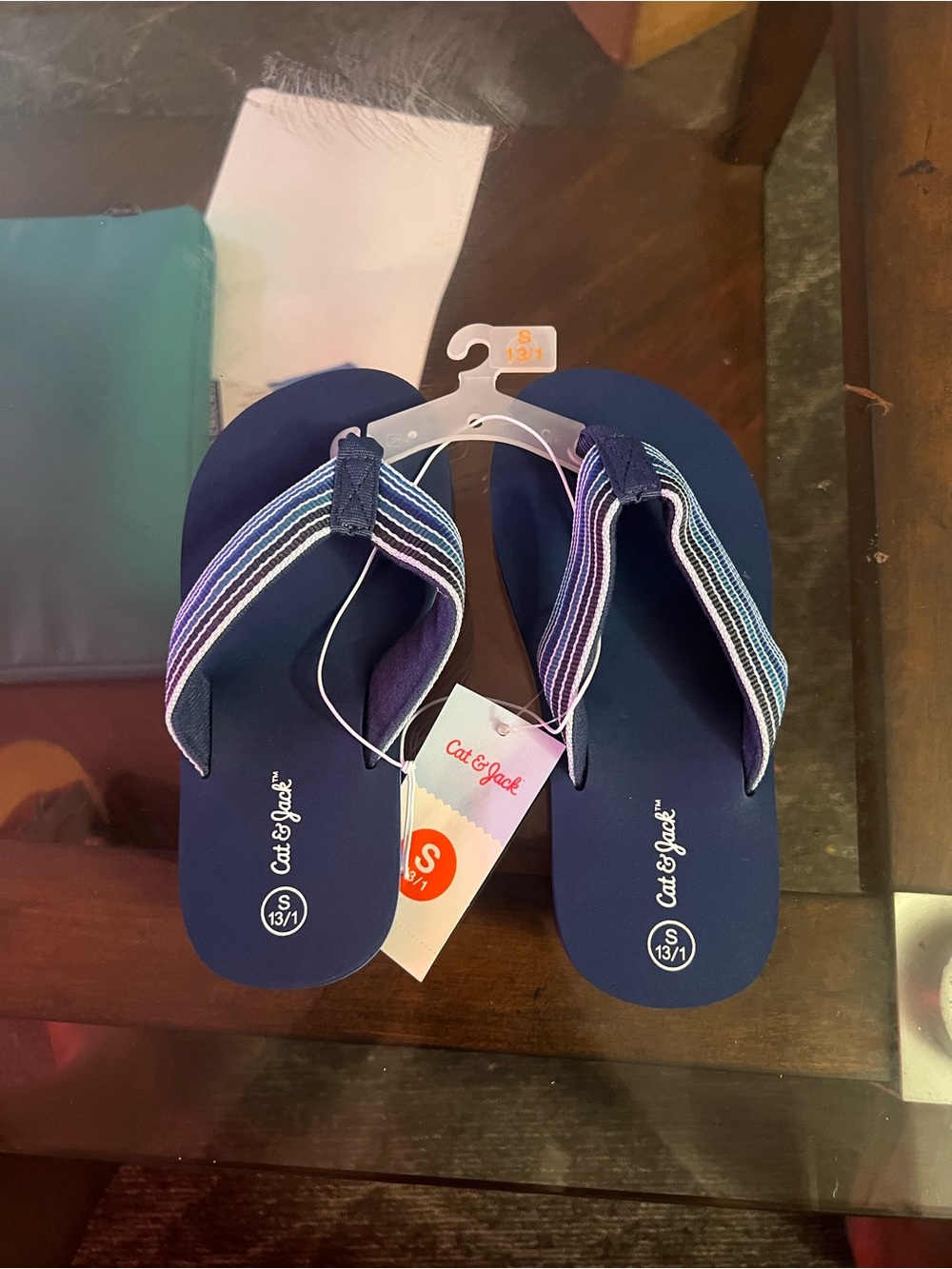 Cat & Jack Navy Blue Girls' Striped Strap Flip Flops
